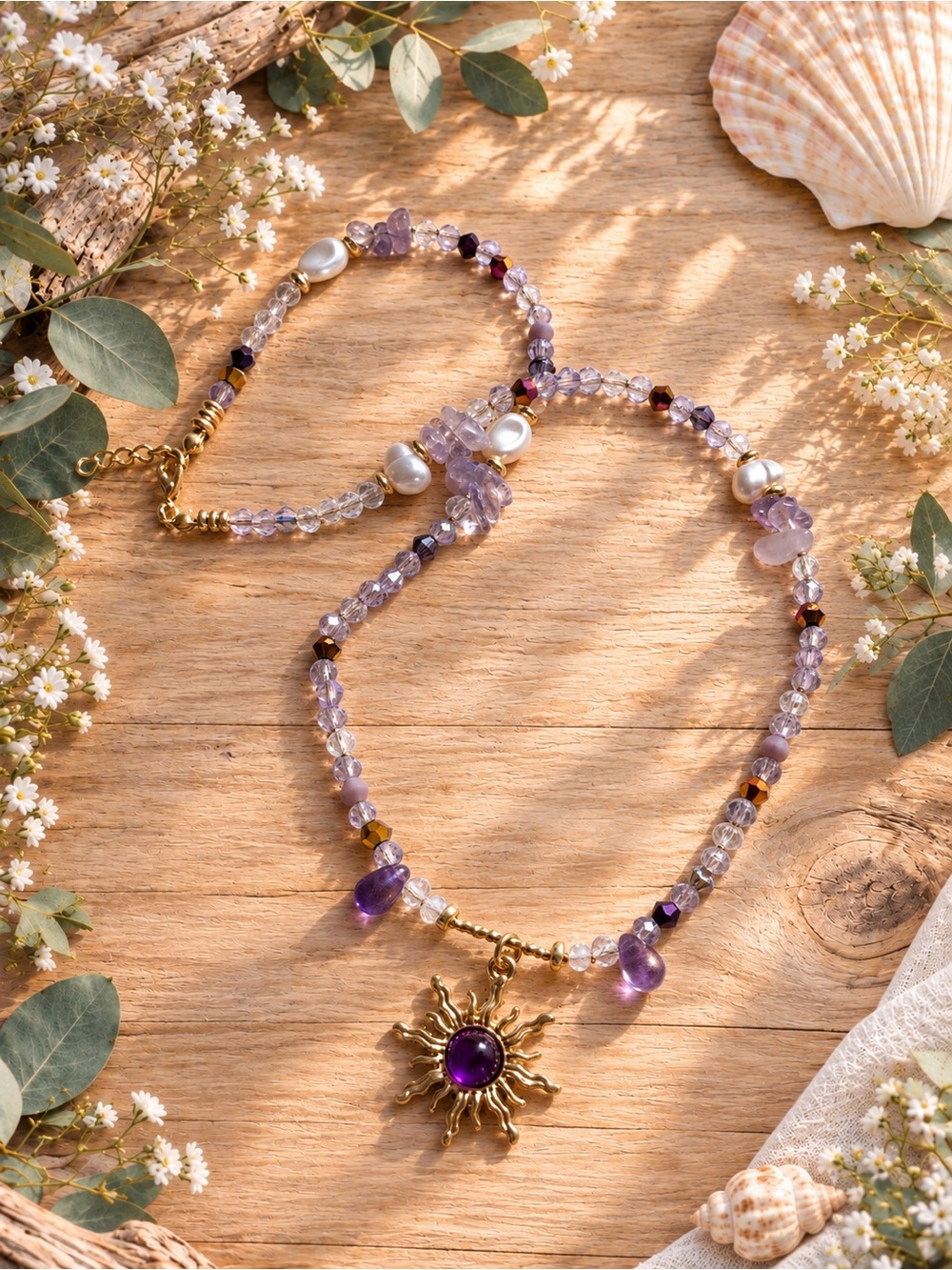 Whimsical necklace with purple toned sun pendant, handmade
